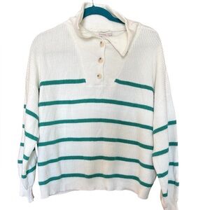 Sincerely Jules Ivory Green Striped Collared Sweater Size Large New with tags